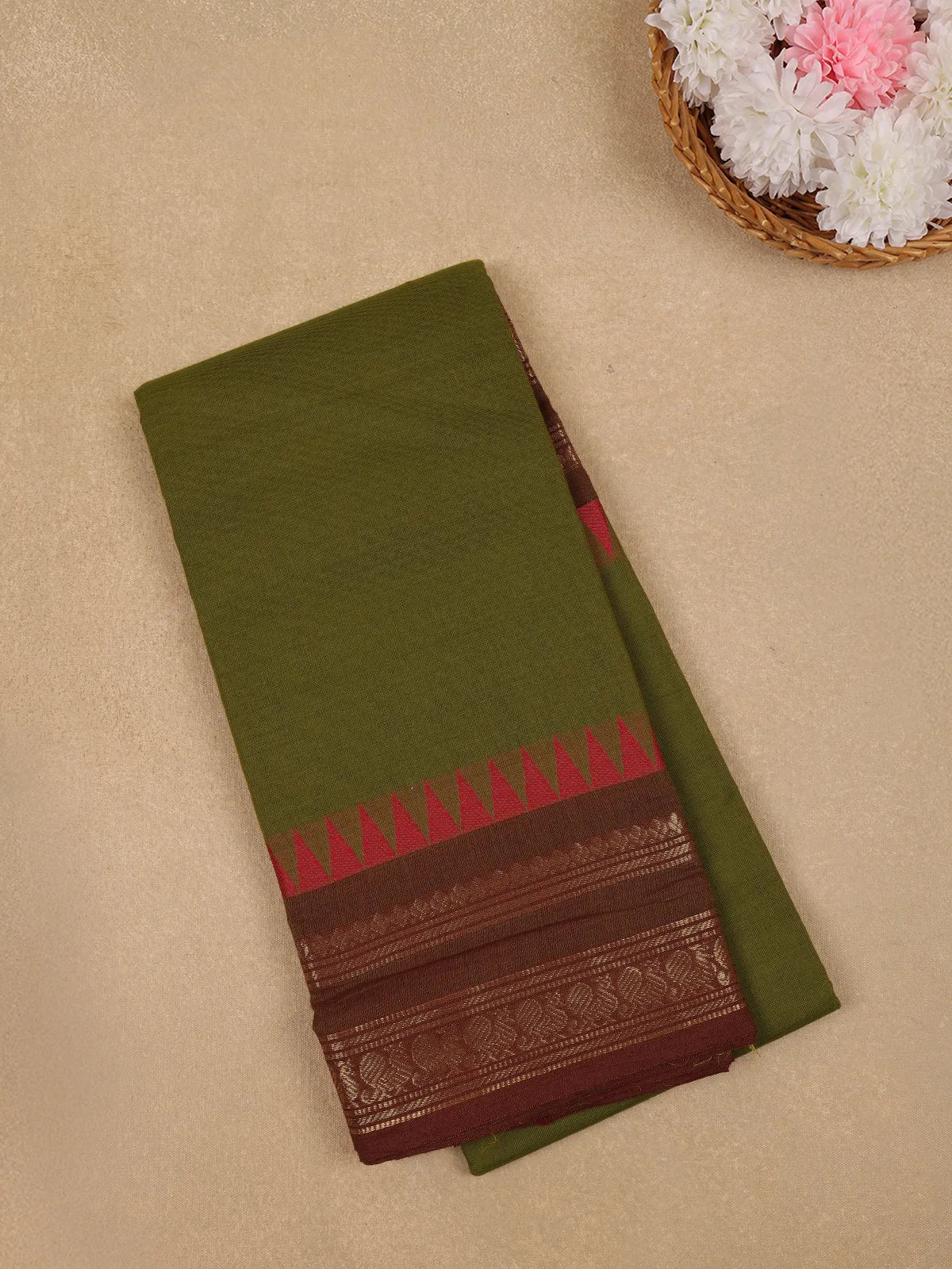 Olive Green Solid Design Cotton Fancy Saree - Diadem