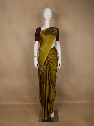 Olive Green with Contrast Purple Zari Woven Pure Kanchipuram Silk Saree - Diadem