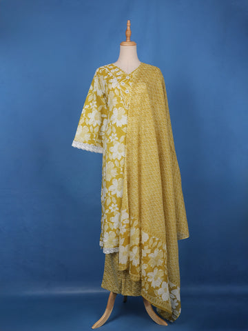 Olive Mustard Yellow Floral Design Printed Cotton Salwar Suit - Diadem