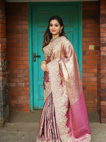 Onion Pink Floral Design Banarasi Silk Saree - Diadem