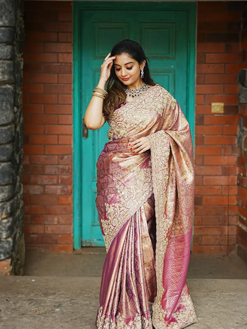 Onion Pink Floral Design Banarasi Silk Saree - Diadem