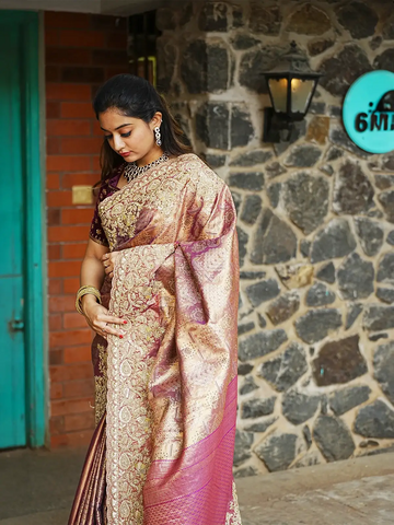 Onion Pink Floral Design Banarasi Silk Saree - Diadem