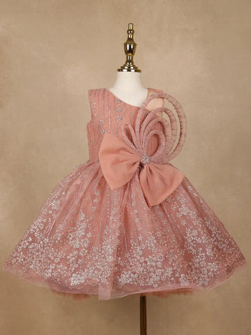 Onion Pink Floral Glitter Design Party Wear Net Frock With Oversized Bow - Diadem