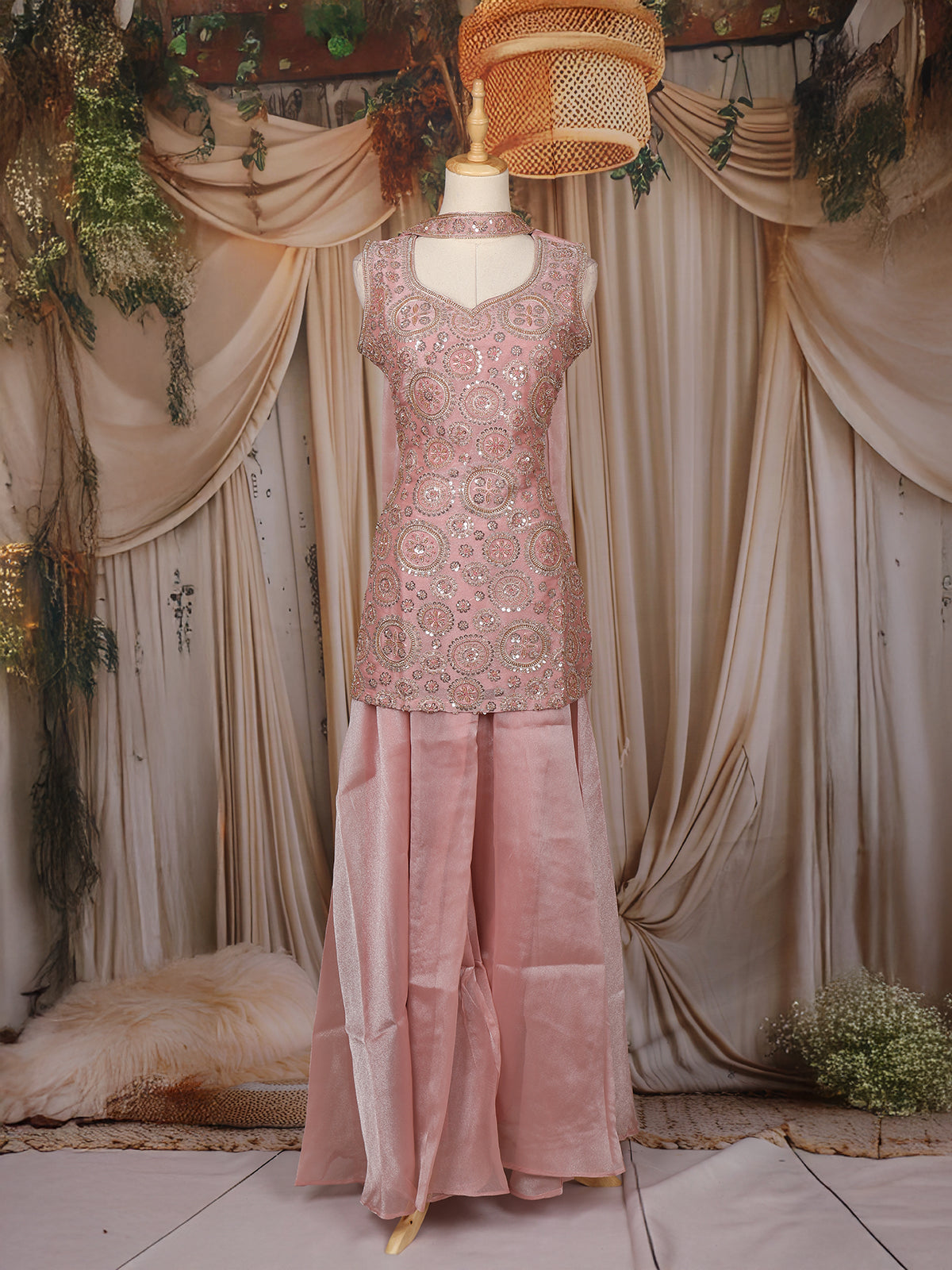 Onion Pink Floral Sequins Embroidered Organza Palazzo Suit