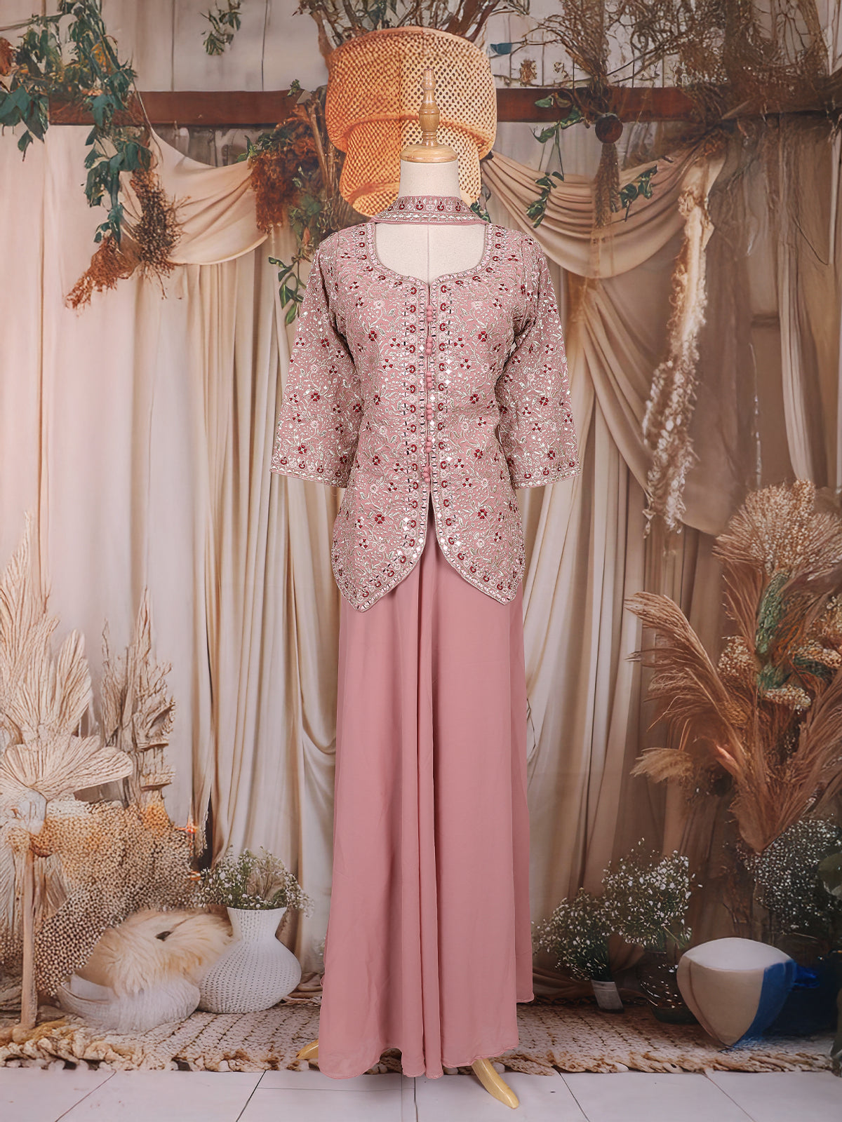 Onion Pink Sequins Design Georgette Palazzo Suit with Choker Dupatta