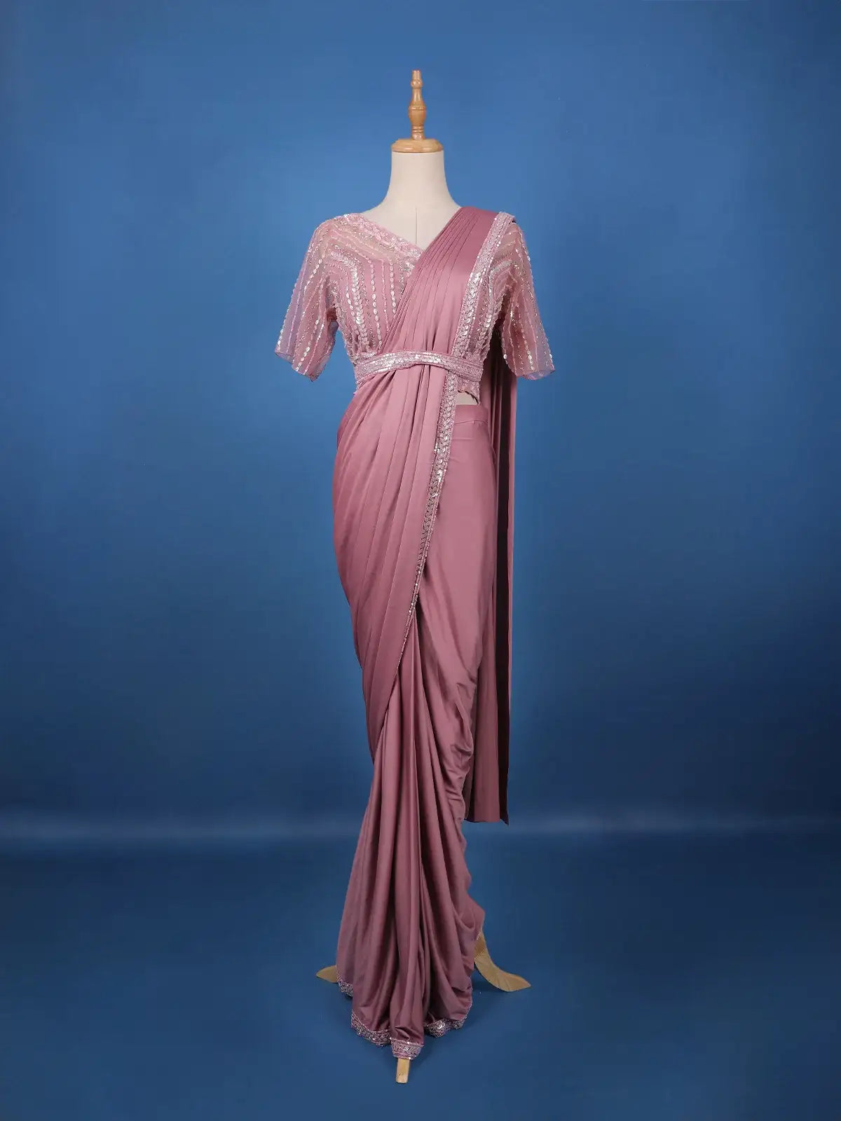 Onion Pink Sequins Embellished Satin Ready To Wear Saree - Diadem