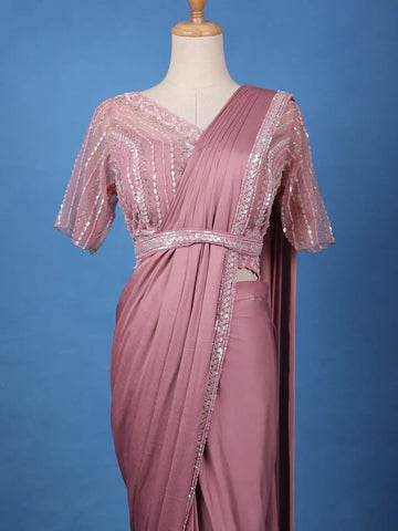 Onion Pink Sequins Embellished Satin Ready To Wear Saree - Diadem