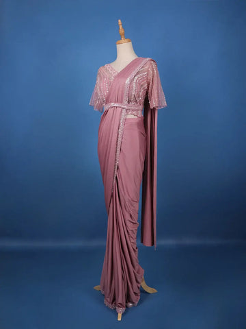 Onion Pink Sequins Embellished Satin Ready To Wear Saree - Diadem