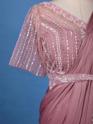 Onion Pink Sequins Embellished Satin Ready To Wear Saree - Diadem