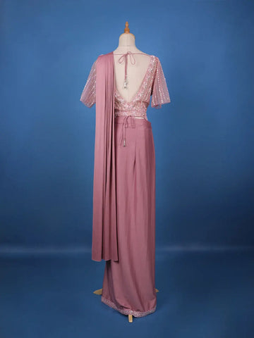 Onion Pink Sequins Embellished Satin Ready To Wear Saree - Diadem