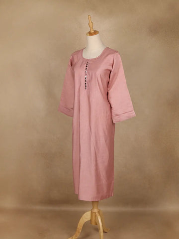 Onion Pink Solid Cotton Kurti With Button Detailing - Diadem