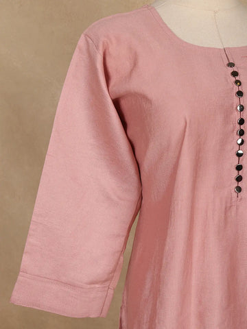 Onion Pink Solid Cotton Kurti With Button Detailing - Diadem