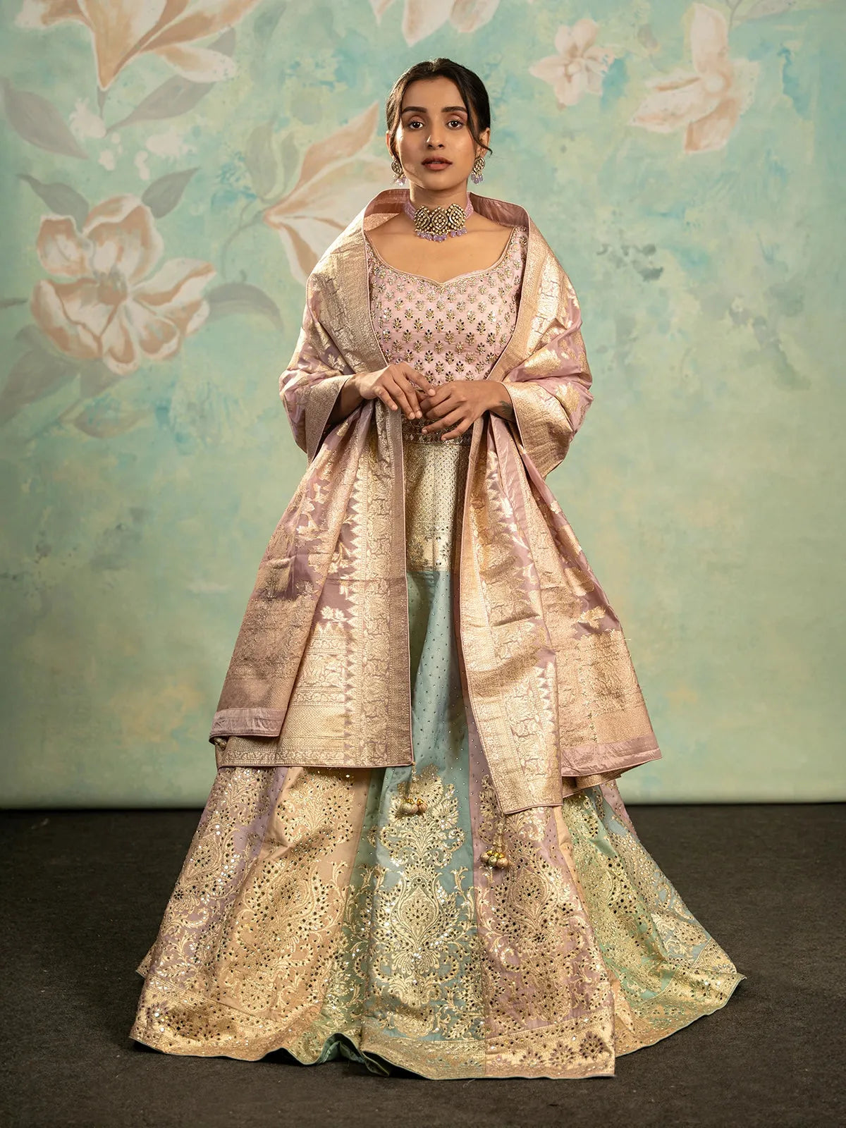 Onion Pink Banarasi Silk Mirror Work Bridesmaids Lehenga - Diadem