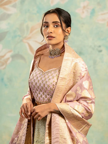 Onion Pink Banarasi Silk Mirror Work Bridesmaids Lehenga - Diadem