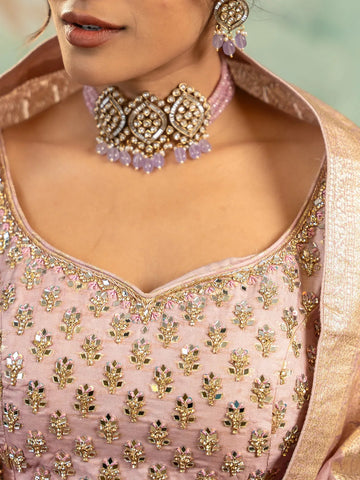 Onion Pink Banarasi Silk Mirror Work Bridesmaids Lehenga - Diadem