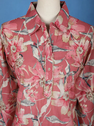 Onion Pink Floral Printed Cotton Salwar Suit - Diadem