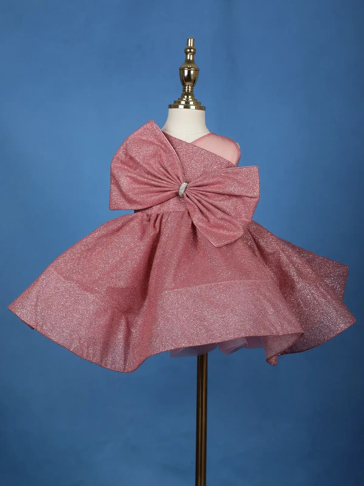 Onion Pink Glitter One-Shoulder Big Bow Net Frock - Diadem