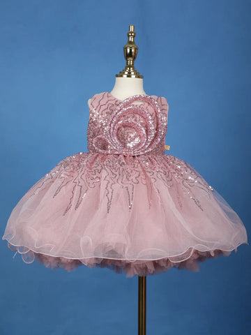 Onion Pink Glitter One-Shoulder Party Net Frock with Oversized Bow - Diadem