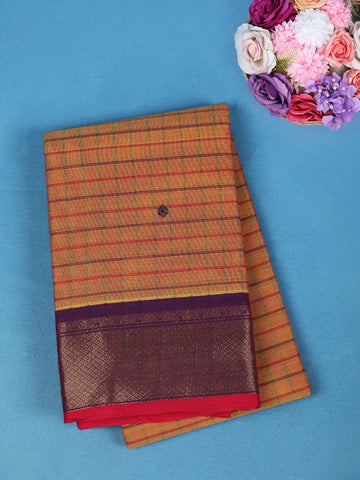 Orange Checked Design Cotton Saree With Zari Woven Purple Border - Diadem
