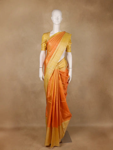 Orange Circular Motifs Woven Pure Kanchipuram Silk Saree With Yellow Contrast - Diadem