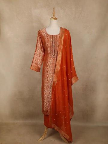 Orange Floral Design Banarasi silk Salwar Suit - Diadem
