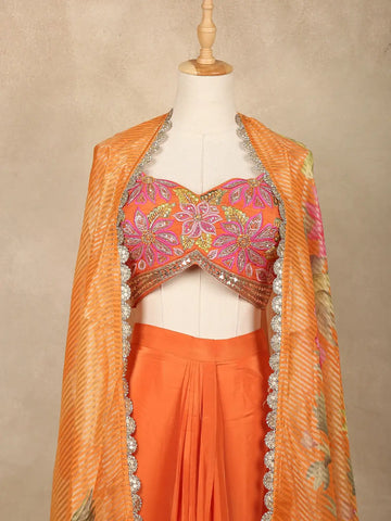 Orange Floral Design Satin Lehenga Suit - Diadem