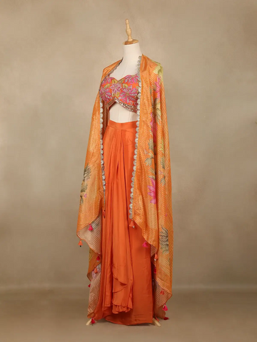 Orange Floral Design Satin Lehenga Suit - Diadem