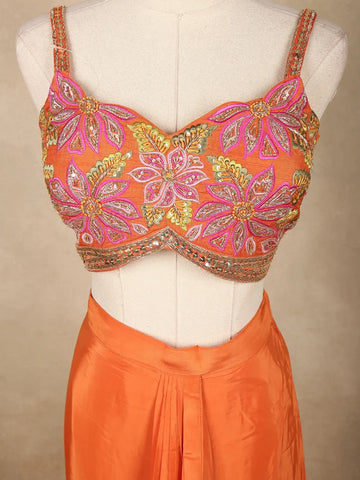 Orange Floral Design Satin Lehenga Suit - Diadem