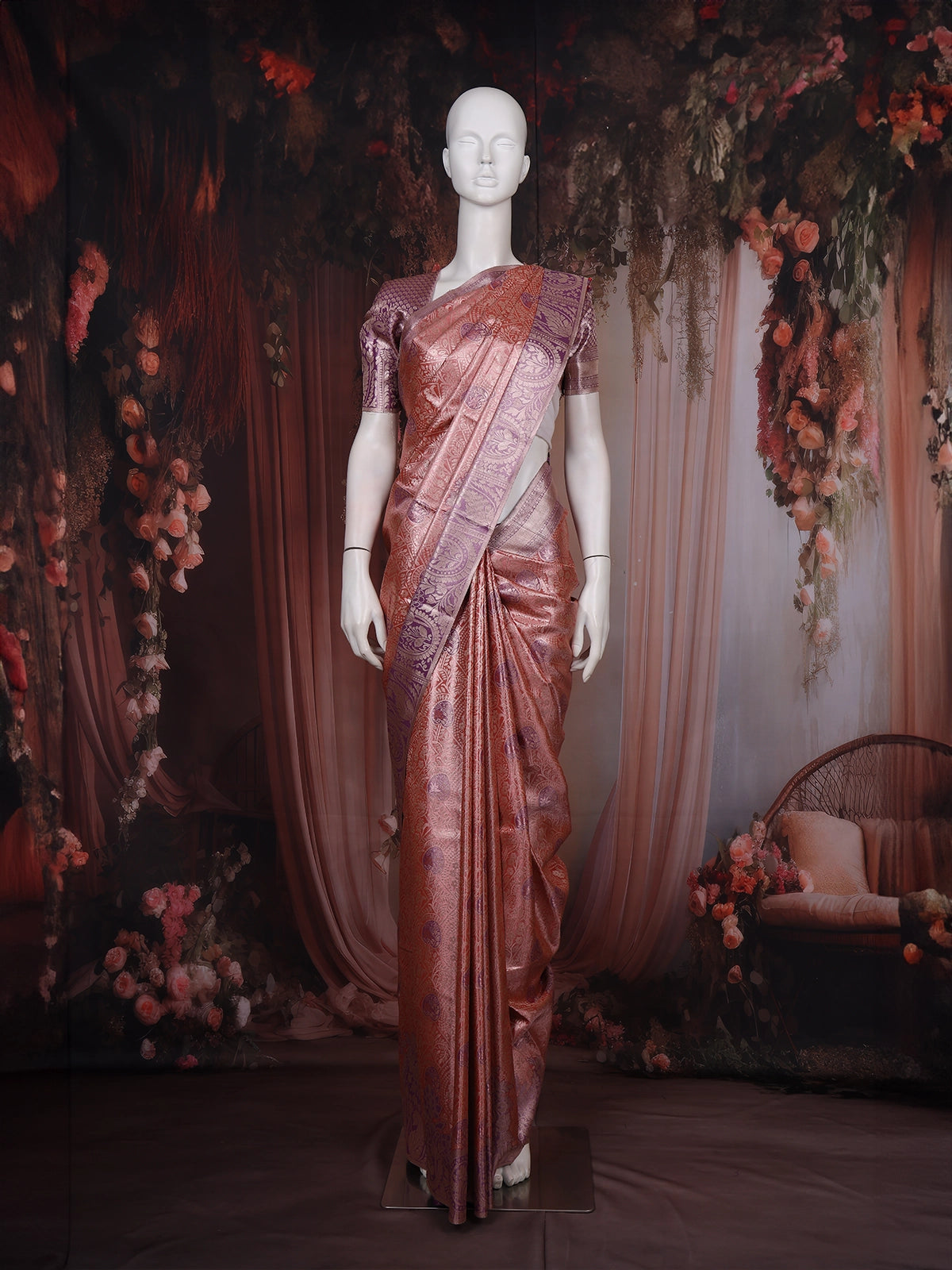 Orange Floral Design Semi Silk Saree