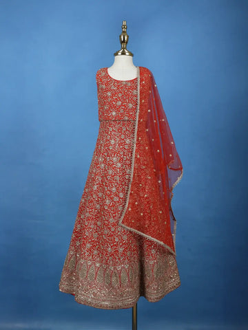 Orange Floral Sequins Embroidered Kids Georgette Gown - Diadem