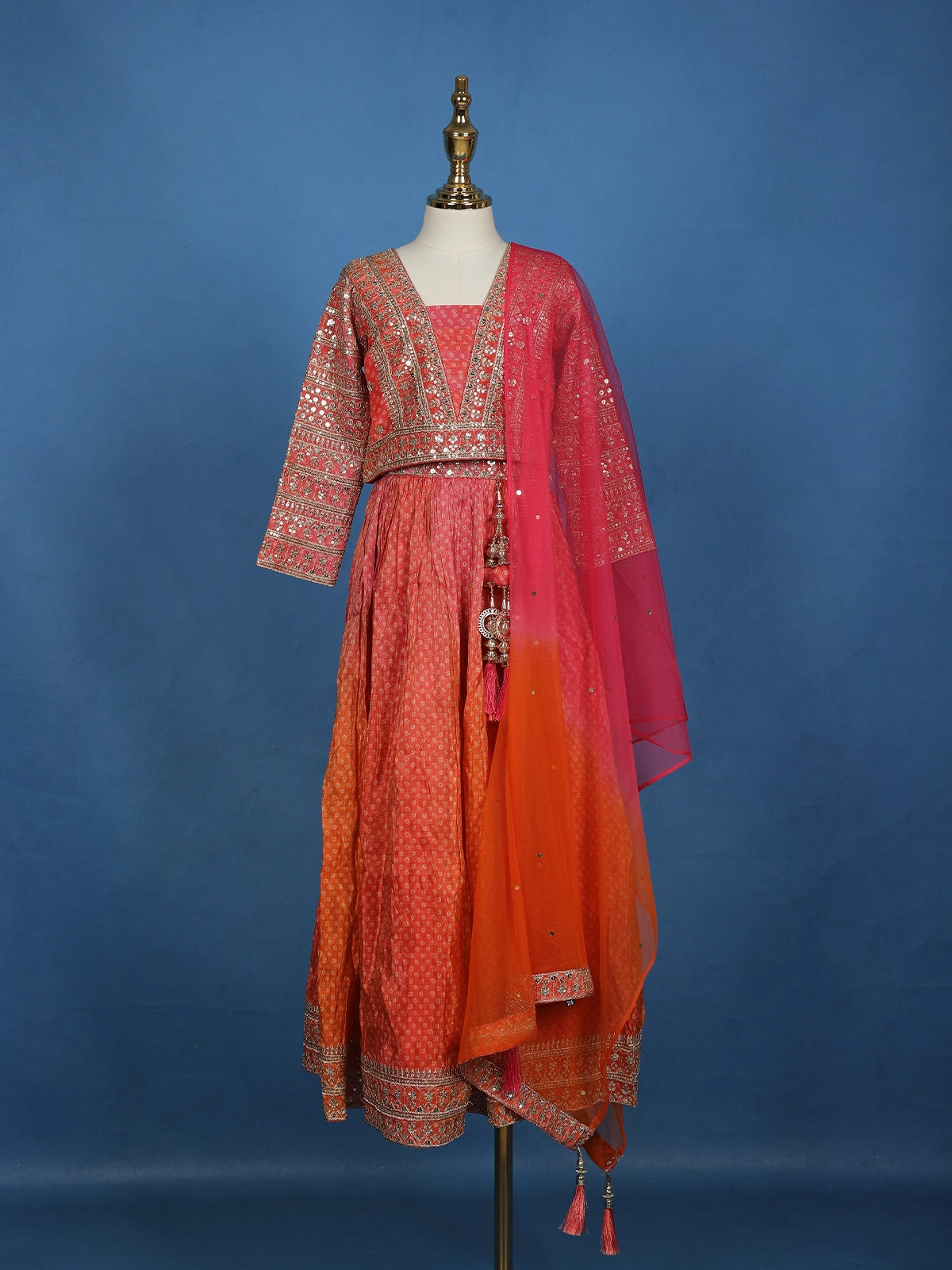Orange Floral Sequins Embroidered Silk Kids Lehenga With Dupatta
