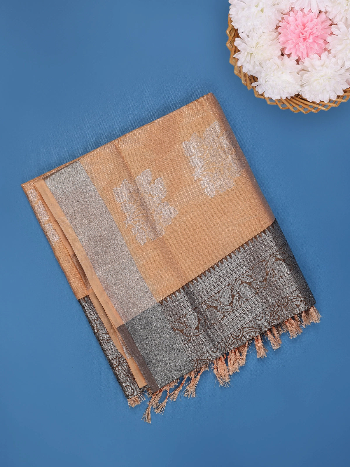 Orange Floral Woven Art Silk Saree with Contrast Silver Zari Border