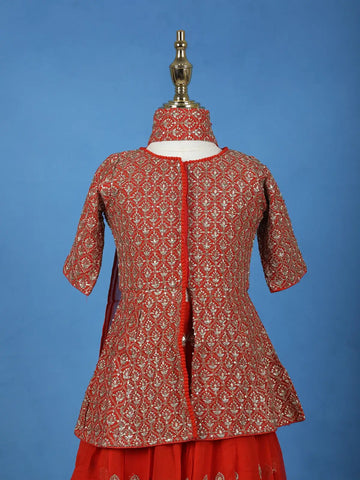 Orange Leaf Motif Sequins Design Georgette Kids Lehenga - Diadem