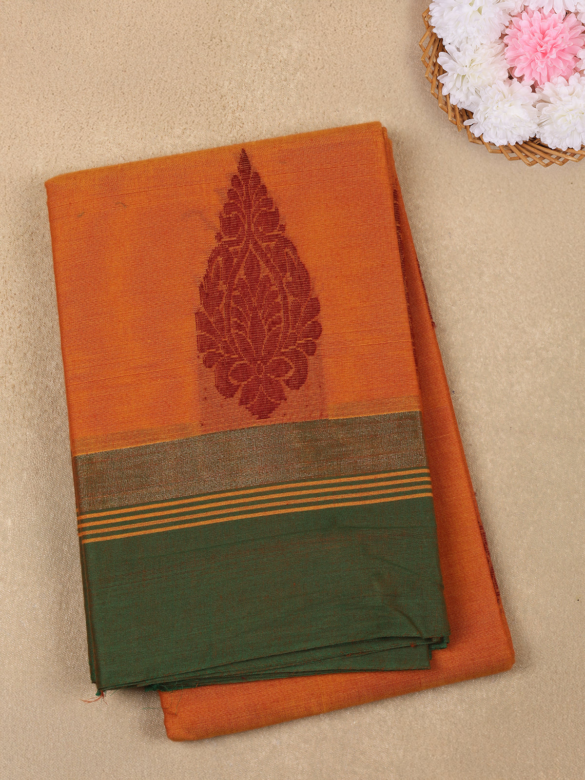 Orange Motif Woven Design Cotton Saree with Contrast Border
