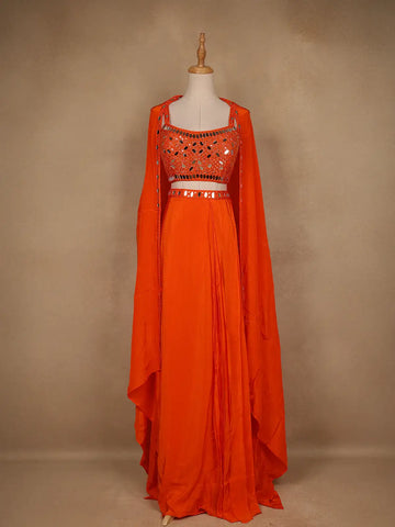 Orange Mirror Embroidered Satin Skirt Top With Jacket - Diadem