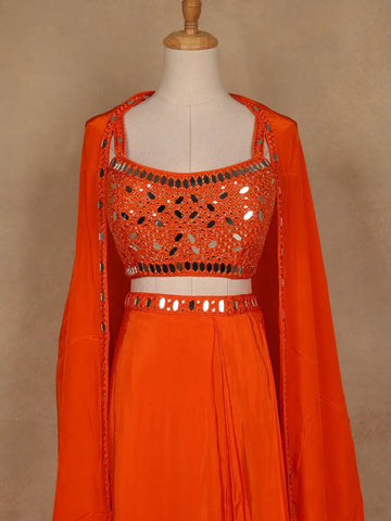 Orange Mirror Embroidered Satin Skirt Top With Jacket - Diadem