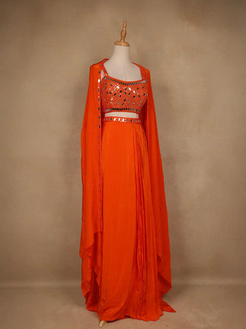 Orange Mirror Embroidered Satin Skirt Top With Jacket - Diadem