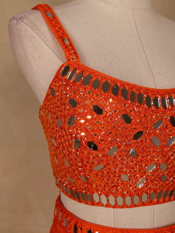 Orange Mirror Embroidered Satin Skirt Top With Jacket - Diadem