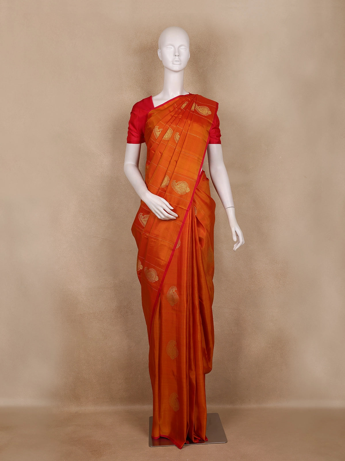 Orange Paisley Woven Design Kanchipuram Silk Saree