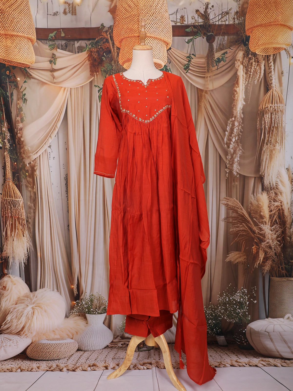 Orange Sequin Embroidered Design Cotton Anarkali Salwar Suit