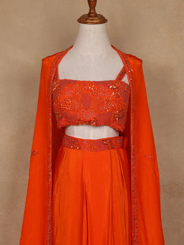 Orange Sequins And Beads Embellished Satin Skirt Top - Diadem