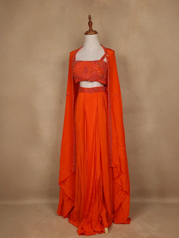 Orange Sequins And Beads Embellished Satin Skirt Top - Diadem