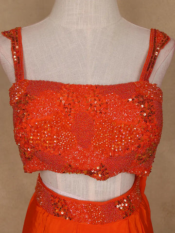 Orange Sequins And Beads Embellished Satin Skirt Top - Diadem