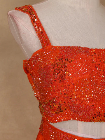 Orange Sequins And Beads Embellished Satin Skirt Top - Diadem