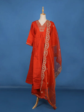 Orange Sequins Embroidered Cotton Palazzo Salwar Suit - Diadem