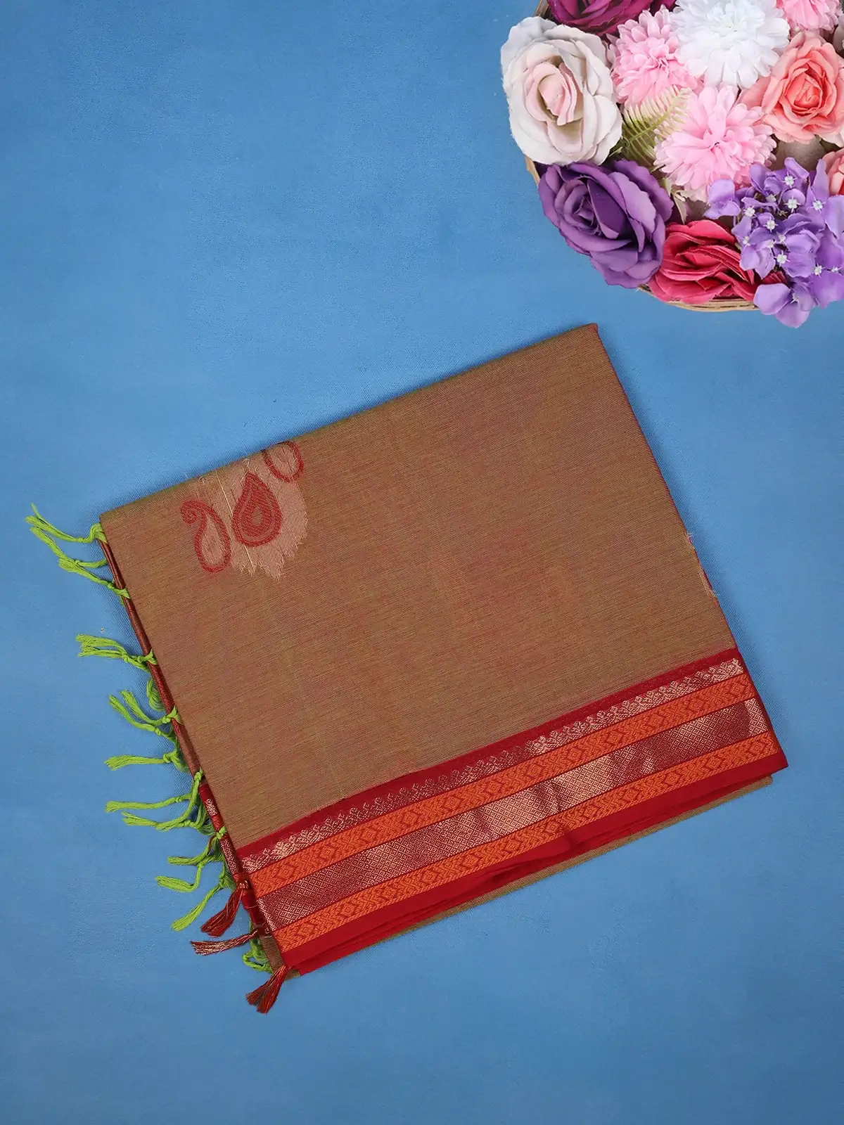 Orange Paisley Design Cotton Saree With Red Zari Border - Diadem