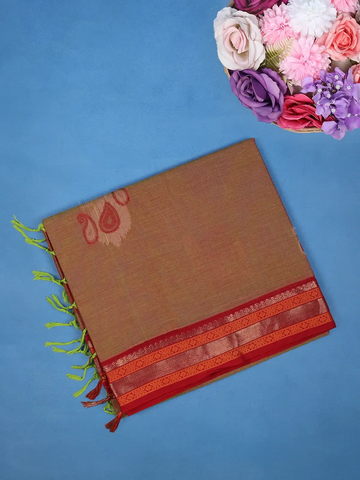 Orange Paisley Design Cotton Saree With Red Zari Border - Diadem