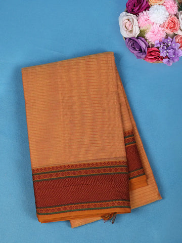 Orange Stripes Design Cotton Saree With Maroon Geometric Woven Border - Diadem