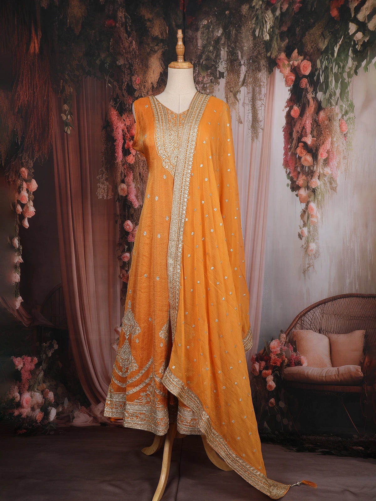 Orange Zari And Sequins Embroidered Silk Salwar Suit