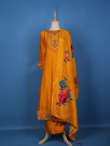 Orange Floral Designed Chiffon Salwar Suit - Diadem